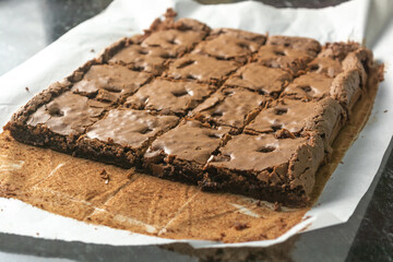 homemade brownies cut in square pieces. chocolate brownies made at home