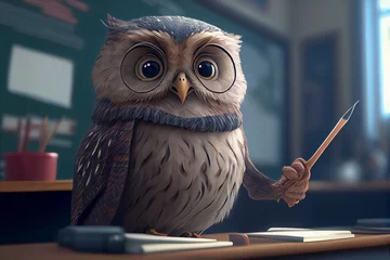 Foto auf Acrylglas Eulen-Cartoons illustration of owl teacher in classroom in knowledge day . ai