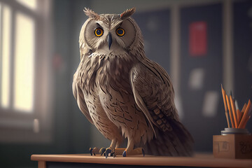 illustration of owl teacher in classroom in knowledge day . ai