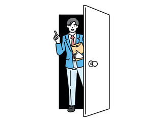 Illustration of a businessman standing in a doorway with his finger pointing.