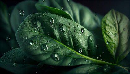 Fototapeta premium Fresh Dew-Kissed Spinach Leaves. Closeup of water drops on fresh deep green baby spinach leaves Ai generated image