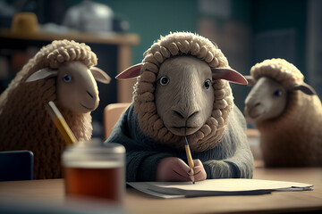 illustration of sheep sit at school in the classroom stupid students . ai - obrazy, fototapety, plakaty
