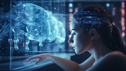 light trail network on woman head with hologram smart screen, idea for neurolink research education concept, Generative Ai © QuietWord