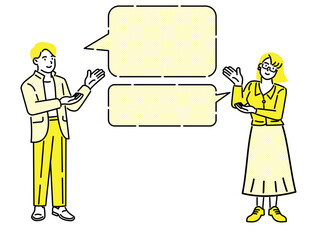 Full body illustration of a business man and woman couple standing on either side of each other and pointing to a central empty speech bubble. 