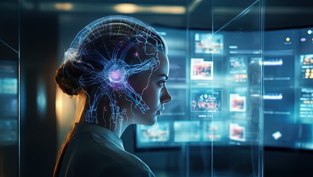 light trail network on woman head with hologram smart screen, idea for neurolink research education concept, Generative Ai