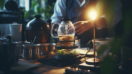 A professional tea maker prepares tea ceremony, filtered tea or tea on draft with hot water and filter paper in the cafe, black vintage tone fresh beverage flavored with thein