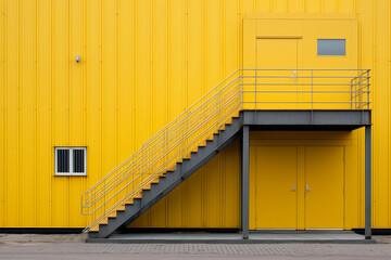 Yellow industrial building with stairs leading to a large yellow door, in the style of dynamic outdoor shots, industrial and product design, cornelis springer, saturated color fields, shaped canvas