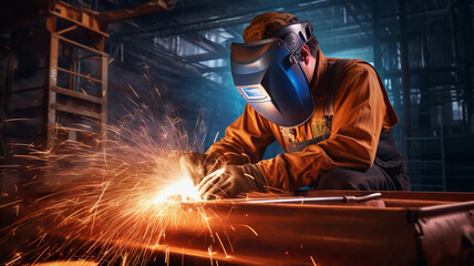 A young man welder in brown uniform, welding mask and welders leathers, weld metal with a arc welding machine at the construction site, blue sparks fly to the sides 