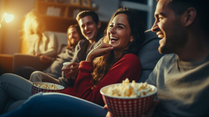 Fototapeta premium Friends enjoying a movie night at home, snuggled up on the couch with popcorn and laughter filling the room Generative AI