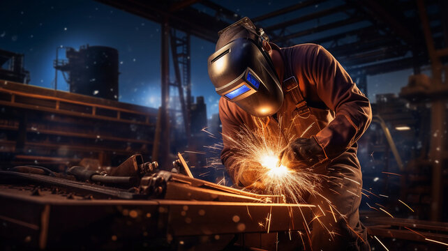A young man welder in brown uniform, welding mask and welders leathers, weld metal with a arc welding machine at the construction site, blue sparks fly to the sides 