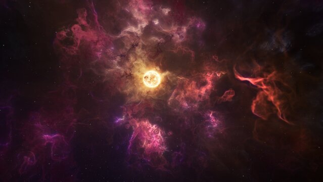 Early protostar with nebula clouds erupting of the Sun's surface. Star of our solar system concept 3D illustration. Flares and coronal mass ejections unleash a torrent of searing hot gases into space.