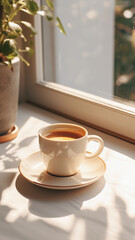 Fototapeta na wymiar Espresso coffee cup on table near window with morning light. Food and drink photography
