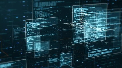 abstract network with random programming code, web and software development concept, futuristic technology, digital connectivity, cyber space (3d render) - Powered by Adobe