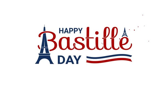 Happy Bastille Day animation with the Eiffel Tower on the white screen alpha channel. French National Day, 14th of July. Great for Celebration and Festivals. Bonne fete nationale