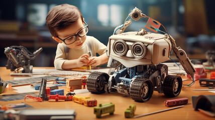 A robot car  and an electronic board that can be programmed. Robotics and electronics. Laboratory. Mathematics, engineering, science, technology, computer code. STEM education.  - obrazy, fototapety, plakaty