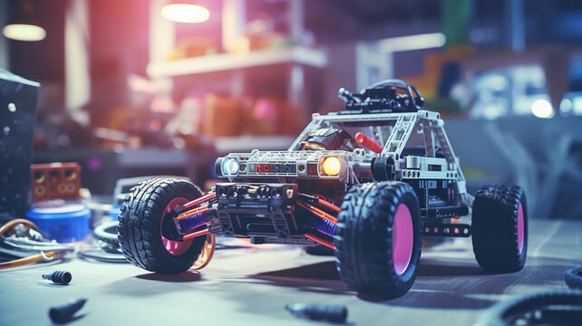 A robot car  and an electronic board that can be programmed. Robotics and electronics. Laboratory. Mathematics, engineering, science, technology, computer code. STEM education. 