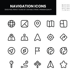Navigation icons set in 32 x 32 pixel perfect with editable stroke