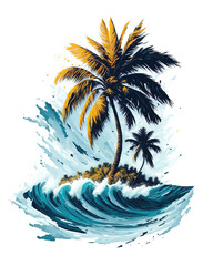Palm tree on a tropical island with beach and sea waves, flat sticker illustration isolated on white.