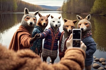 Fototapeta na wymiar Group of foxes taking a selfie with a smartphone in the forest