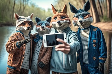 Group of funny foxes taking a selfie with a smartphone in the park