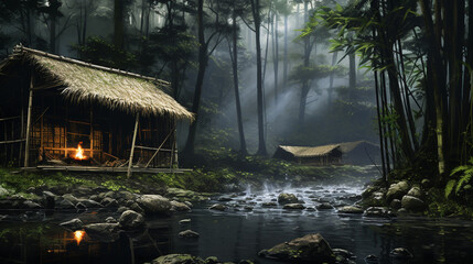 Cabane de bambou au bord d'une rivière dans une forêt ancienne