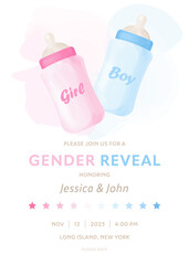 Gender reveal party invitation vector template with pink and blue feeding bottles. Boy or girl, he or she. Watercolor effect