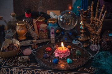Illustration of witch altar. Concept of destiny and prediction. Magic and energy, wicca and pagan stuff. Alternative healing medicine 