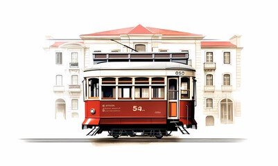 Illustration of a portuguese city with a tram, Portugal