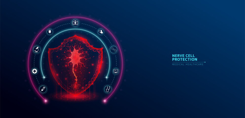 Nerve cell medical healthcare. Human nerve translucent low poly triangle inside shield futuristic red on dark blue background. Protection medical innovation concept. Vector.