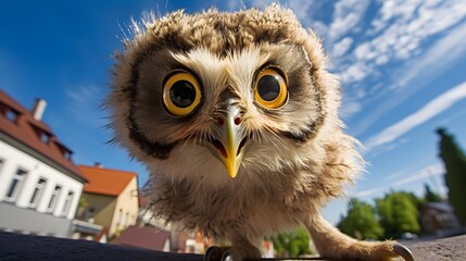 Funny owl face close up with big eyes