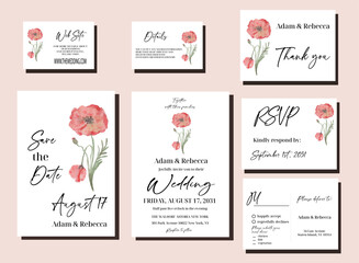 Elegant Wild Flower Red Poppies Watercolor Painted Wedding Invitation Set with Invite, Save the Date, Thank you card, Ditails and RSVP