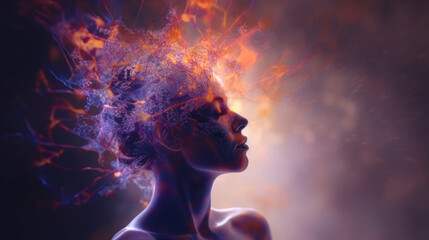 Face of a young woman with a web of golden energy forming around her forehead as she contacts her higher self and the divine.