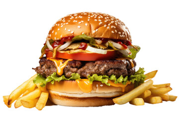 A tasty hamburger with fries, fast food, white background, isolated, generative ai