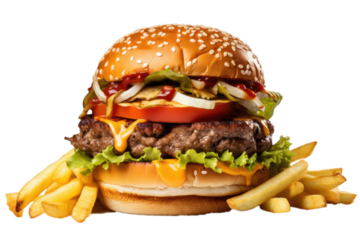 A tasty hamburger with fries, fast food, white background, isolated, generative ai