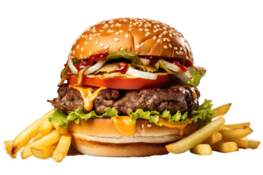 A tasty hamburger with fries, fast food, white background, isolated, generative ai