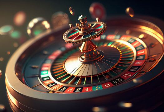 close up of bright multicolored casino roulette table with poker chips, AI