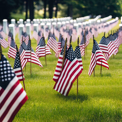 American Memorial Day Concept, Eternal Rest, Sombre, American Flags, Honor, USA, Gravestones National Cemetery, Fallen Heroes. Generative AI