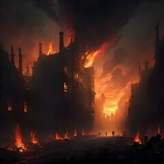 huge fire and smoke several miles away in dark gothic victorian dark fantasy city destruction flames evening 