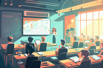 Lecture room, cartoon style, spacious and bright, filled with colorful desks and chairs, generative AI