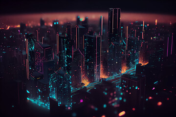 illustration of big city at the night with neon lights. AI