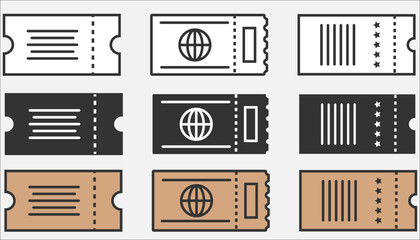 Set of ticket icons in black, beige and white flat design style. Collection passes, event tickets, cinema or concert vouchers. Minimalist flat line icon set for apps, web, and graphic design 