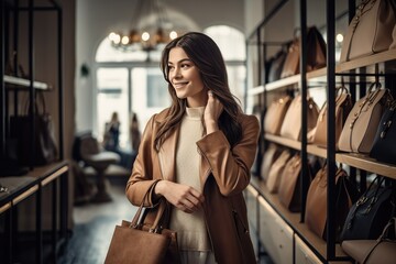 Obraz premium Happy woman shopping, a woman with a radiant smile browsing through a high-end fashion boutique filled with designer clothes, shoes, and accessories, AI generated