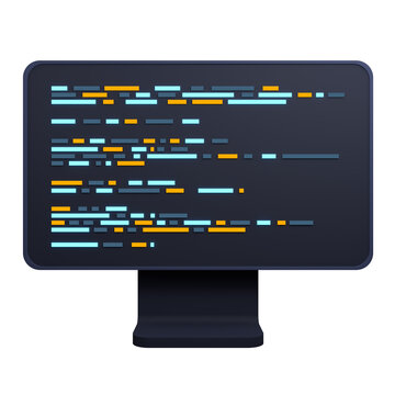 Computer programming or developing software. 3d rendering of flat monitor. Coding 3d render. 3d computer monitor. 3d render illustration
