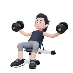 Fototapeta na wymiar 3D Sportsman Character Sculpting Muscular Chest with Incline Bench Dumbbell Chest Fly