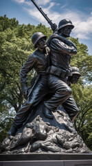 Fototapeta premium Uncommon valour, American Memorial Day Concept, Eternal Rest, Sombre, American Flags, Honor, USA, Gravestones National Cemetery, Fallen Heroes. Generative AI