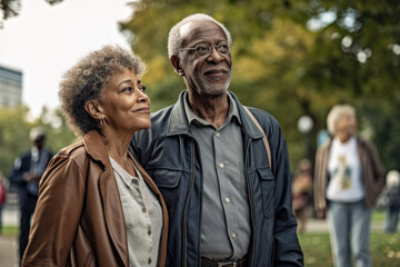 Senior african american couple walking in public park and smiling. Photorealism, life style. Generative AI illustration, no real people referenced
