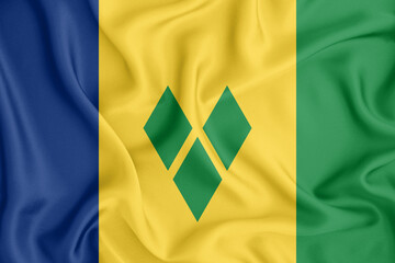 Saint Vincent and the Grenadines flag waving with the wind, wide format, 3D illustration rendring. Design with satin fabric. to be used for educational purposes or for illustrations of videos or vlogs - obrazy, fototapety, plakaty