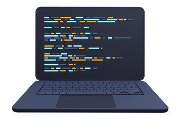 3d laptop and program code development. Web coding concept. Coding screen 3d rendering. 3d rendering of laptop. 3d render illustration
