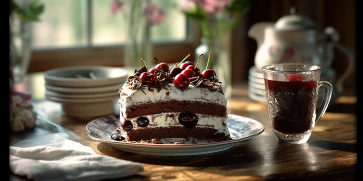 Black forest cake tart blurred background, AI Generateand
