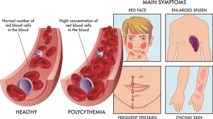 Medical illustration compares an artery with a normal number of red blood cells, with one affected by polycythemia, with drawings to the right showing symptoms, completed with annotations. - obrazy, fototapety, plakaty